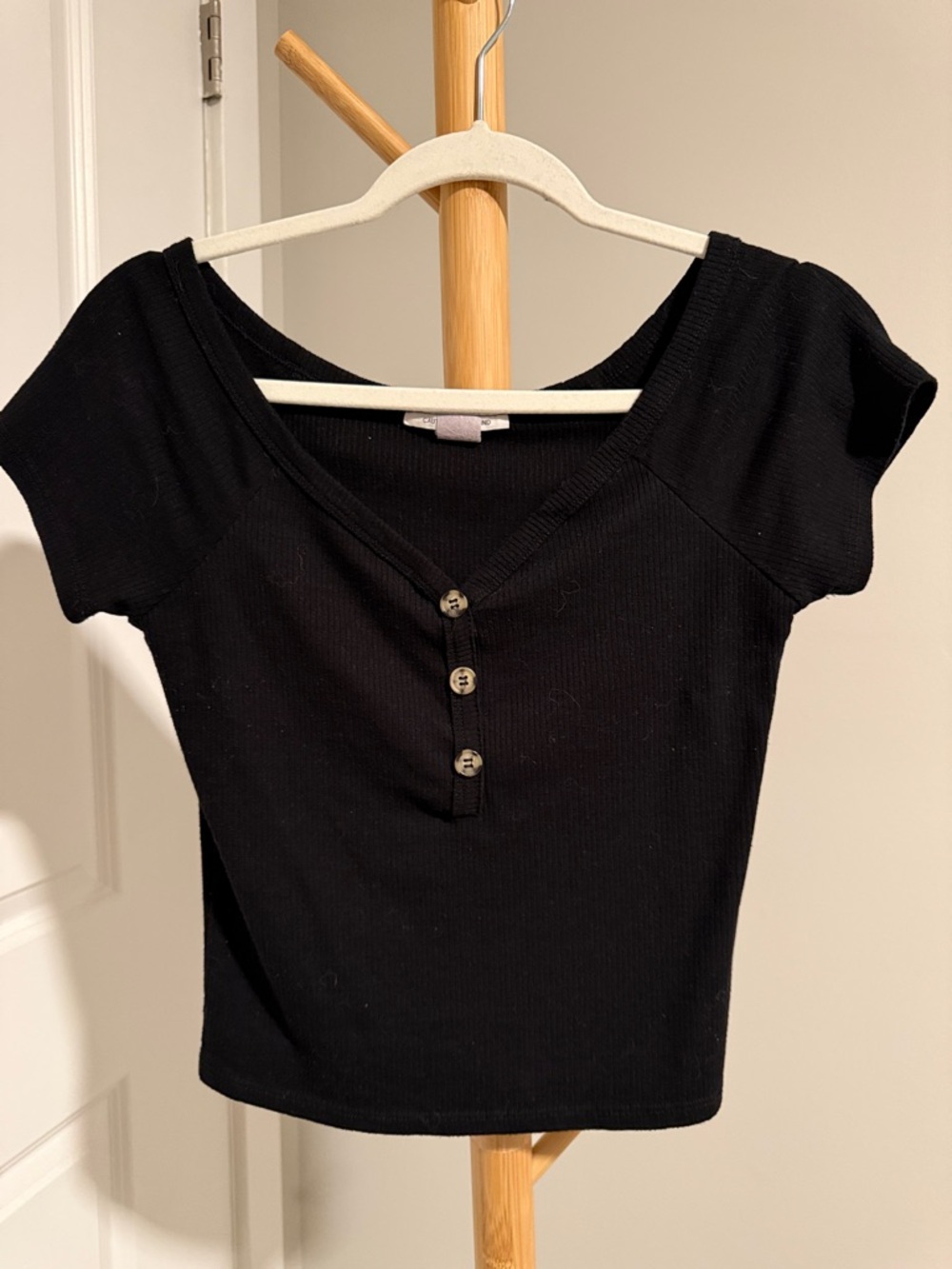 Black Ribbed Short Sleeve Button-Front Top